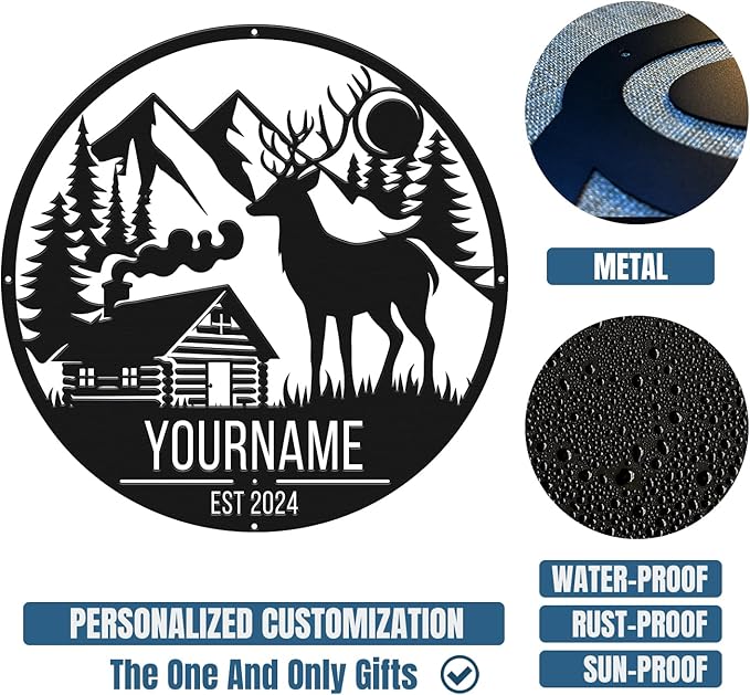 Personalized Deer Forest Name metal Signs,Custom Shed Metal Wall Decor,Black Deer Metal Wall Art Decor,Deer Home Metal Signs Plaques,Outdoor wall Decorative Signage (Style B)-Ruum Studio Home