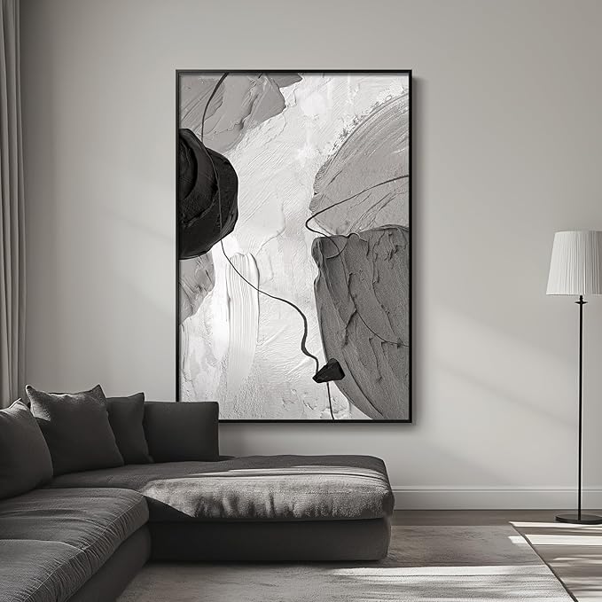 Large Framed Black and White Modern Abstract Vertical Wall Art for Living Room, Canvas Prints Paintings Artwork for Walls, Minimalist Gray Pictures for Hallway Stair Office Wall Decor 40x60 In-Ruum Studio Home