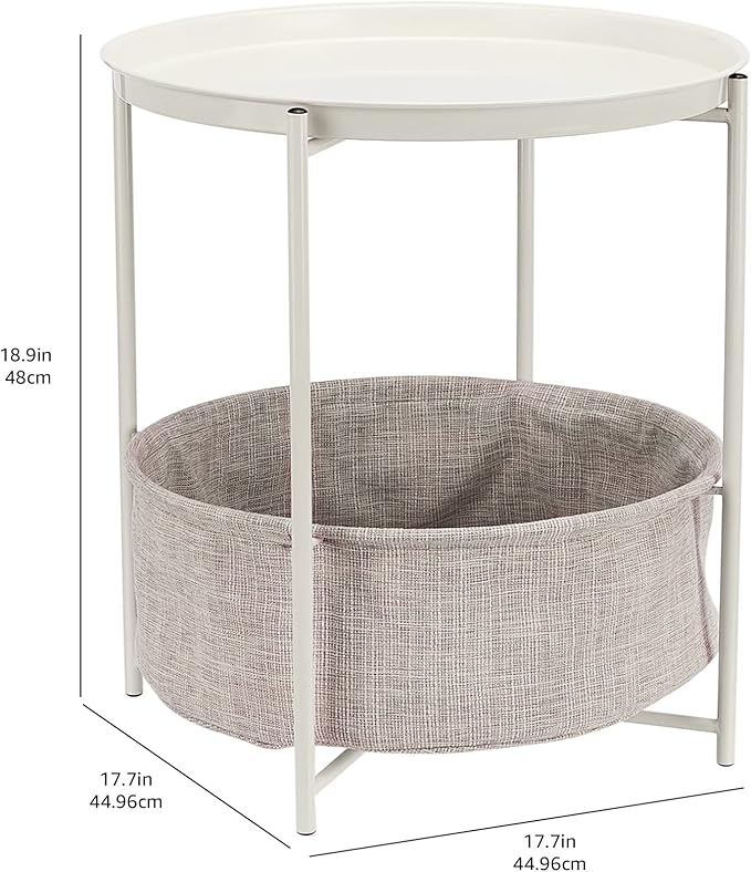 Amazon Basics Round Storage End Table, Side Table with Cloth Basket, White/Heather Gray, 17.7"L x 17.7"W x 18.9"H-Ruum Studio Home