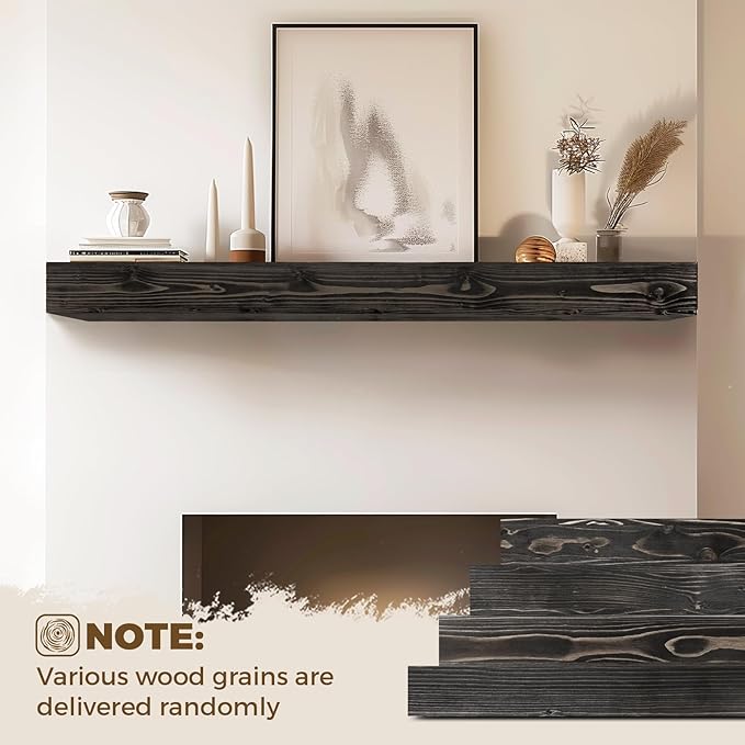 60x8x5 Fireplace Mantel - Handcrafted Hollow Rustic Solid Wood Wall Mounted Floating Shelf with Invisible Heavy Duty Wood Bracket (Weathered Black)-Ruum Studio Home