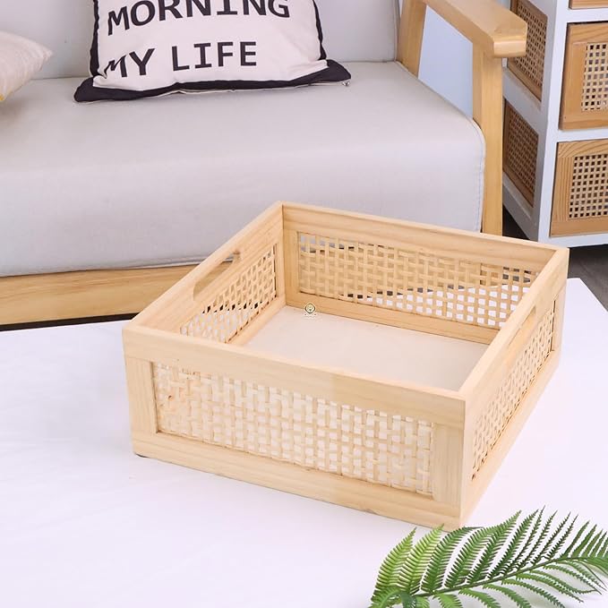YRMT Wood Storage Crate Basket Rustic Wooden Storage Container for Organizing Decorative Bamboo Box with Handles for Pantry, Shelves Organizer 11.4" x 11.4" x 5" (Natural)-Ruum Studio Home