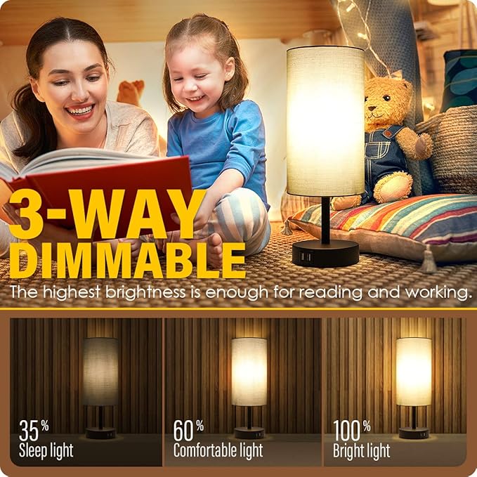 Yarra-Decor Bedside Lamp with USB Port - Touch Control Table Lamp for Bedroom 3 Way Dimmable Nightstand Lamp with Round Grey Fabric Shade for Living Room, Dorm, Home Office (LED Bulb Included)-Ruum Studio Home