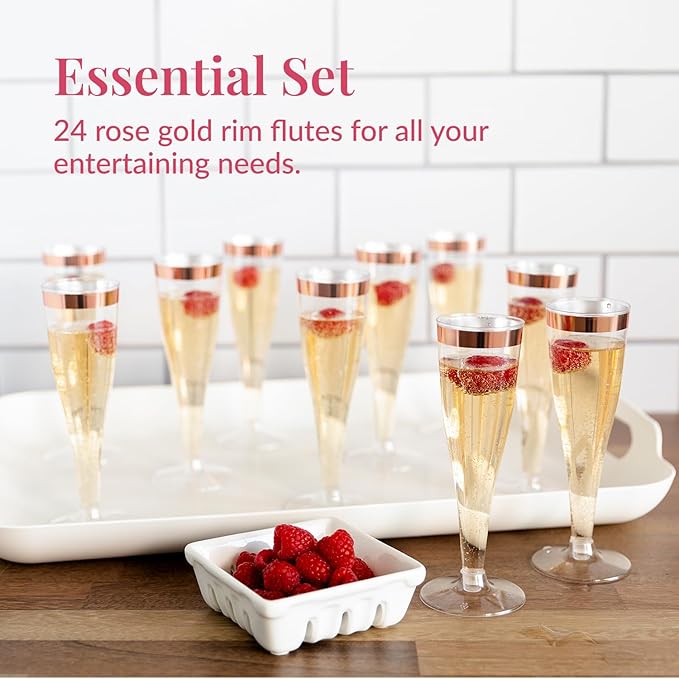 Prestee Set of 24 Plastic Champagne Flutes with Rose Gold Rim - 4.5 oz - Shatterproof Disposable Glasses - Elegant Design - Ideal for Weddings, Cocktail Parties, and Outdoor Celebrations-Ruum Studio Home
