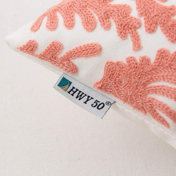 HWY 50 Coral Pink Decorative Throw Pillow Covers 18x18 Inch (1 Piece), Embroidered Cotton Farmhouse Cushion Cover Pillow Case for Sofa Couch Living Room Bed Bedroon, Floral Branches-Ruum Studio Home