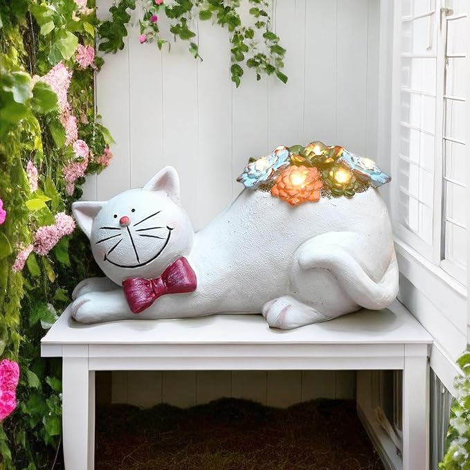 Cat Garden Figurines Outdoor Decor Solar Statue with Succulent and LED Lights for Patio Lawn Yard Art Decoration Housewarming Garden Gift-Ruum Studio Home