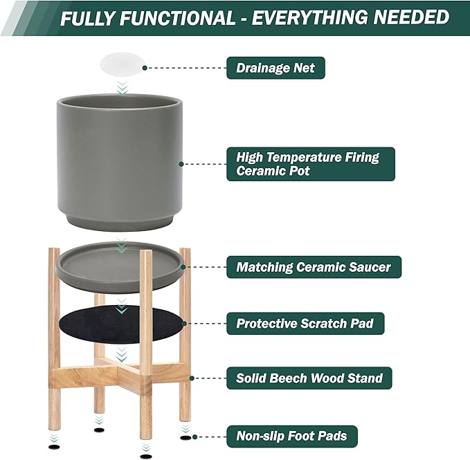 D'vine Dev Ceramic Planter with Natural Stand - 8 Inch Modern Round Flower Pot with Wood Planter Holder, Grey, 55-B-N-3-Ruum Studio Home