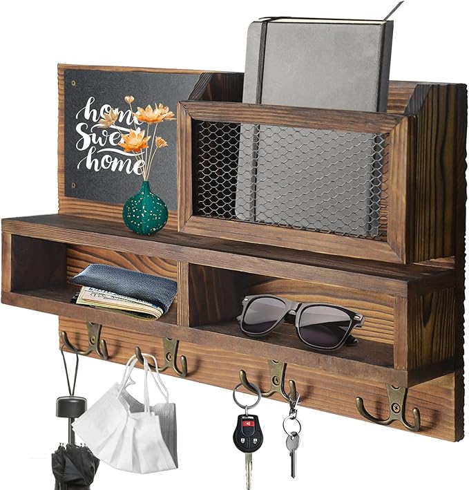 Key Holder for Wall, Mail Organizer Wall Mount with Key Hooks and Wallet Holder, Sunglasses Storage and Dog Leash Hanger, Decorative with 4 Double Hooks and Chalkboard-Ruum Studio Home