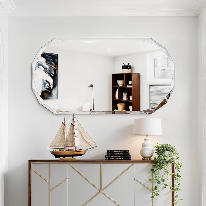 Bathroom Mirror for Wall, 24" x 48" Oval Mirror, Bathroom Vanity Mirror, Beveled Edge Frameless Wall Mount Vanity Mirrors, Wall Mirrors Decorative, Irregular Beveled Edge Mirror-Ruum Studio Home