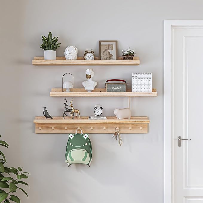 MBYD Wood Wall Shelf With Hooks Floating Shelves for Wall Bathroom Shelves Wall Mounted Nursery Floating Bookshelf for Kids Room Toy Storage Shelf for Bedroom Picture Frames Kitchen (Natural, 36 Inch)-Ruum Studio Home