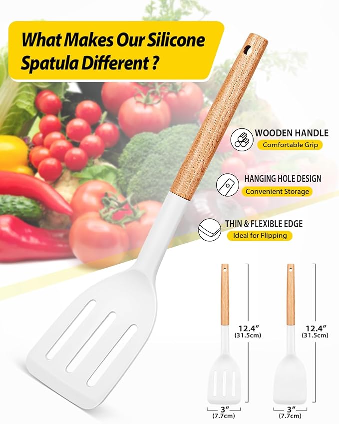 Pack of 2 Silicone Cooking Spatula, Heat Resistant Solid Turner, Non Stick Slotted Spatulas with Wooden Handle,Ideal Wood Kitchen Utensils Set for Frying, Baking, Flipping, Turning (WHITE)-Ruum Studio Home