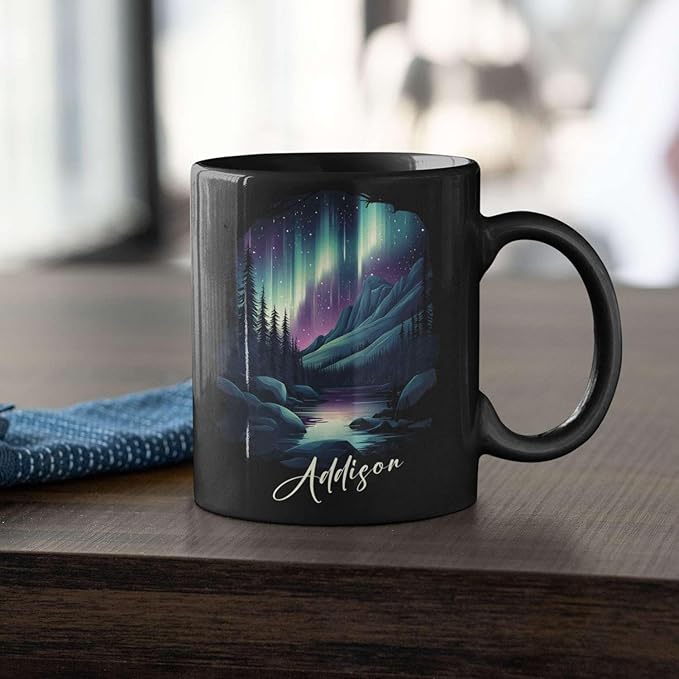 Customized Name Coffee Cup 11oz 15oz, Personalized Northern Lights Landscape Mug, Scenic Mountain And River Black Cup, Custom Northern Lights Inspired Ceramic Mug, Gift For Women-Ruum Studio Home