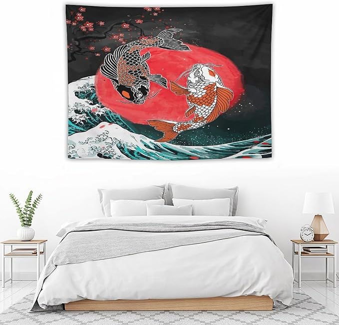 Houselerax Koi Fish Tapestries,Japanese Style Yin Yang Big Wave Cherry Blossoms Tapestry Wall Hanging for Bedroom Living Room Office Decor 40"x30"-Ruum Studio Home