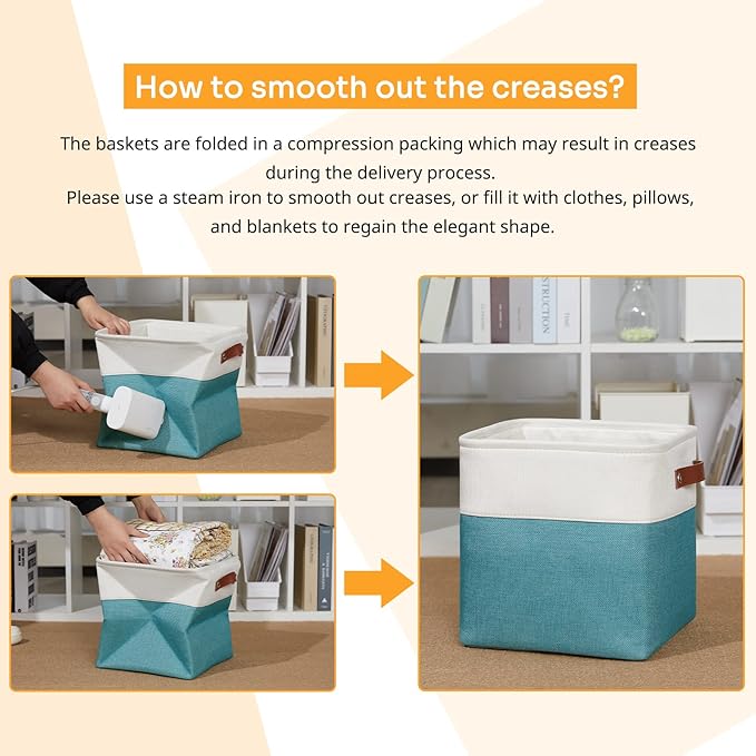 DULLEMELO Foldable Storage Cubes 11 x 11 Organizer Bins,Canvas Storage Bins Empty Gift Baskets for Organizing with SturdyLeather Handles, Closet Baskets for Nursery Storage(4 Pack - 11" White&Teal)-Ruum Studio Home