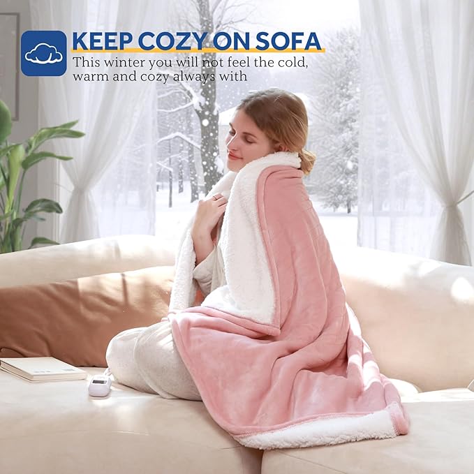 Sealy Electric Blanket Throw Size 50"*60",Super Cozy Flannel to Sherpa Reversible Heated Blanket Throw with 6 Heating Levels & 2-10 Hours Auto Off Overheating Protection Machine Washable,Pink-Ruum Studio Home