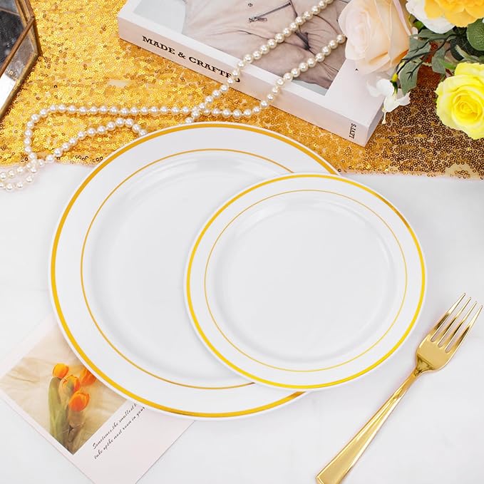 FLOWERCAT 60PCS Gold Plastic Plates - Heavy Duty White and Gold Plastic Plates Disposable for New Year/Thanksgiving Party/Wedding - Include 30PCS 10.25" Dinner Plates and 30PCS 7.5" Dessert Plates-Ruum Studio Home