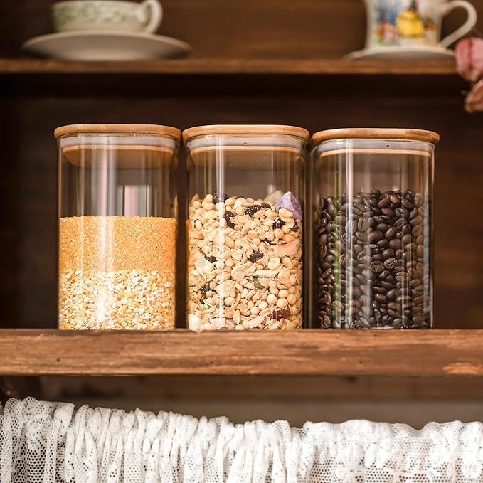 Glass Food Storage Jars 37 oz Set of 6,Glass Storage Containers Clear Glass Food Canister with Bamboo Lid Airtight For Serving Tea, Coffee, Flour, Sugar, Candy, Cookie, Spice and More (Square)-Ruum Studio Home