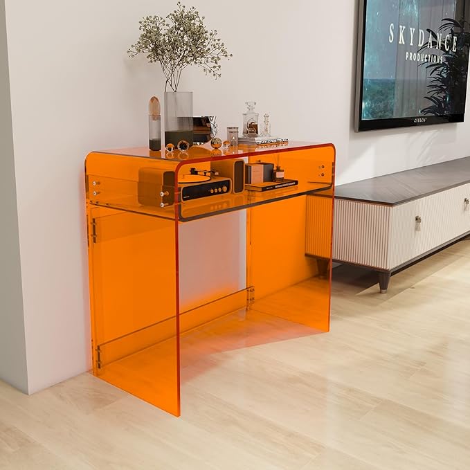 Acrylic Desk, Orange Table, Acrylic Console Table for Office, Study, Bedroom, Entrance Decor (15.5" D x 33.5" W x 29.3" H, Orange)-Ruum Studio Home