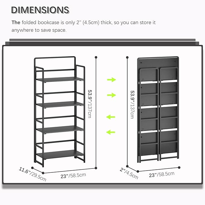 4NM No Assembly Foldable Bookshelf, 4-Shelf Collapsible Bookcase Storage for Small Spaces, 54" H, All Black-Ruum Studio Home