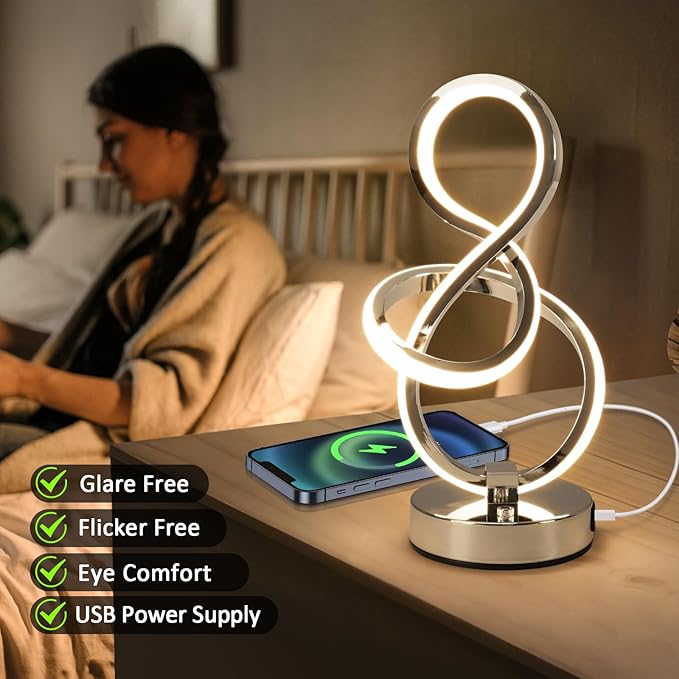 Modern Spiral Table Lamp, 7 Colors 10 Light Modes LED Nightstand Small Lamp with USB C+A Ports, Touch Dimmable Lamps for Living Room Bedroom Bedside, Unique & Cool Lamps,Silver-Ruum Studio Home
