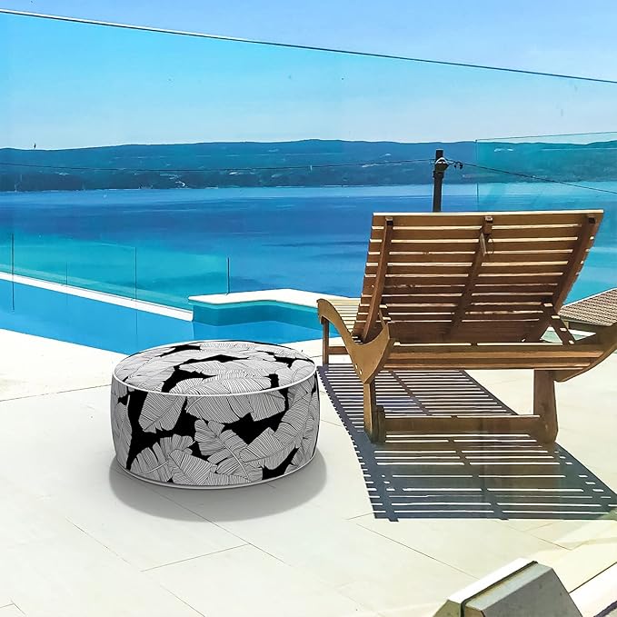 LVTXIII Inflatable Stool Ottoman Footrest with Handle, Indoor or Outdoor Foot Rest for Home Patio Garden and Camping, D21 x H9, Black Lush Leaf Jungle-Ruum Studio Home