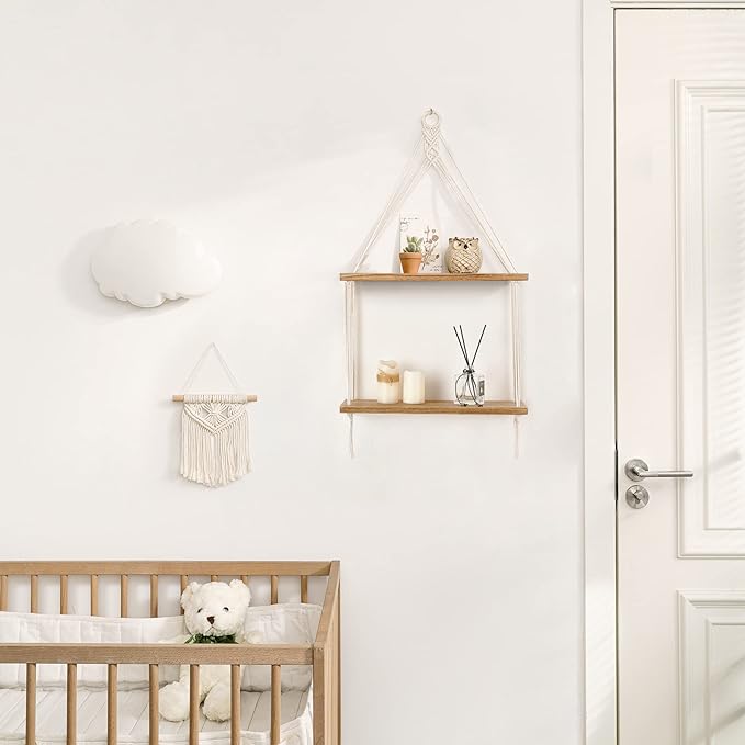 Mkono Macrame Hanging Shelf Boho Wall Decor 2 Tier Handmade Cotton Rope Rustic Wood Floating Shelves Display Photos Plants Hanging Storage Shelving for Living Room Nursery Bathroom Bedroom-Ruum Studio Home