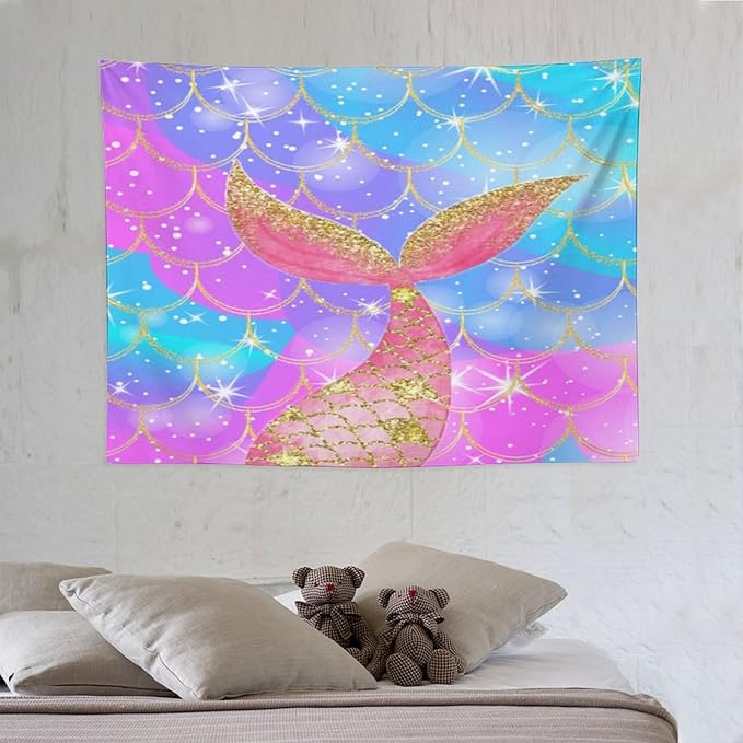 HZOHNAGO Mermaid Scales Tapestry Colorful Shiny Scales Mermaid Tail Pattern Printed Wall Tapestry Wall Hanging for Bedroom Living Room Dorm 40" W x 30" H-Ruum Studio Home