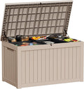 230 Gallon Outside Storage Box, Resin All Weather Storage Cabinet, Large Deck Box for Garden Tools, Patio Furniture, Sports Equipment, Light Brown-Ruum Studio Home