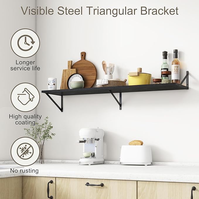 12 Inch Deep Floating Shelves, Black Floating Shelves 48W x 12D, Deep Wall Shelves Bracket Set of 2, Large Display Hanging Floating Shelf for Bathroom, Living Room, Wide Storage Wooden Wall Shelf-Ruum Studio Home