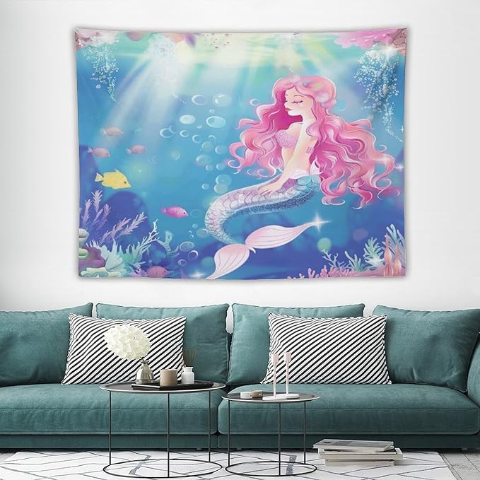 HZOHNAGO Mermaid Girls Tapestry Watercolor Mermaid Princess Pink Hair Pattern for Kids Room Decoration Printed Wall Tapestry Wall Hanging for Bedroom Living Room Dorm 80" W x 60" H-Ruum Studio Home
