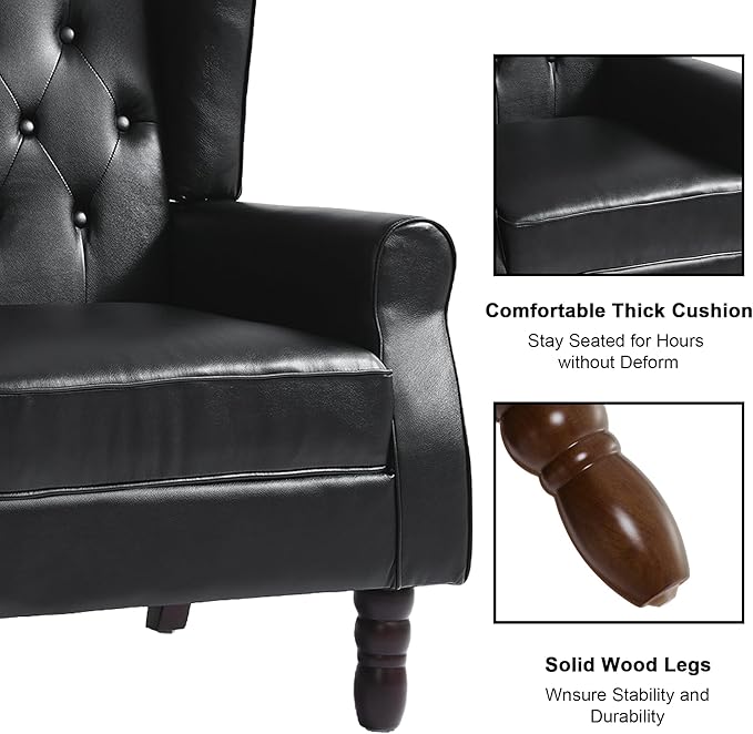 Accent Chair, Upholstered Armchair with Button Tufted High Back & Solid Wood Legs, Comfy Wingback Reading Single Sofa Chair for Small Spaces, Living Room, Bedroom (Leather Black, Set of 1)-Ruum Studio Home