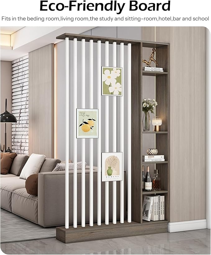 Wall Room Divider, Storage Cabinet Storage Display with Shelves, Modern Freestanding Wood Room Divider Screen, Wall Privacy Screens for Home Decorative (Grey Oak+White,47" L x 9.5" W x 79.5" H)-Ruum Studio Home