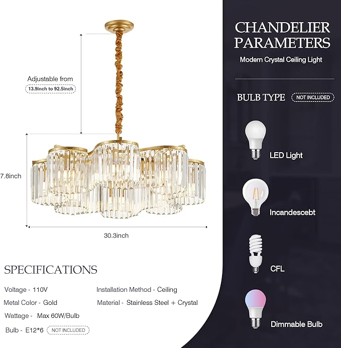 30.3“ Gold Semi Flush Mount Ceiling Light Fixtures, 8-Light Gold Modern Crystal Chandelier Height Adjustable Pendant Lighting for Bedroom Entryway Hallway Kitchen Island Living Room Foyer-Ruum Studio Home