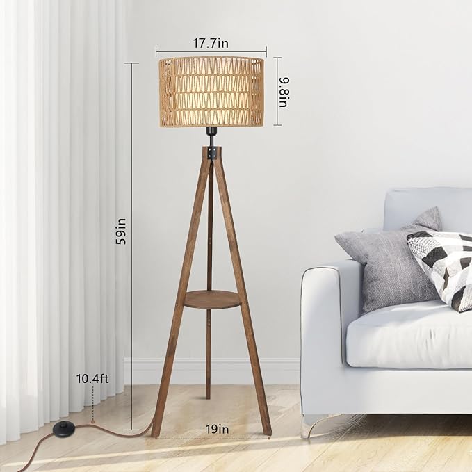 Boho Tripod Floor Lamps for Living Room, Rattan Wood Floor Lamp with Fabric Shades, Mid Century Standing Lamp with Shelf, Foot Switch, Modern Farmhouse Tall Lamps for Bedroom Office Brown-Ruum Studio Home