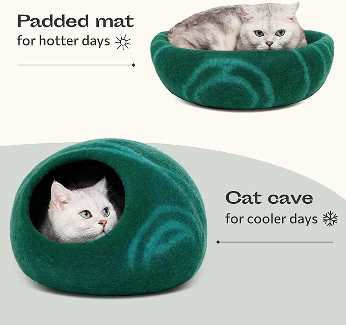 MEOWFIA Cat Cave – Premium Felt Cat Bed for Indoor Cats, Handmade 100% Merino Wool (Medium, Emerald)-Ruum Studio Home