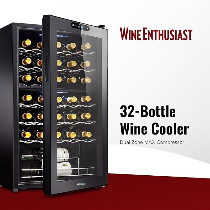Wine Enthusiast 32-Bottle Dual Zone MAX Compressor Wine Cooler – Freestanding Mini Fridge with Digital Touchscreen, LED Display, Split Storage for Red & White Wines, Matte Black Refrigerator Home Bar-Ruum Studio Home