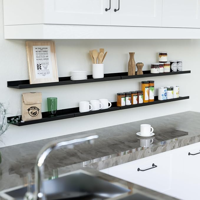 RICHER HOUSE Floating Wall Mounted Shelves, 8pc Set with Lip - Black Nursery Book Shelves for Bedroom, Bathroom, Kitchen Decor Storage-Ruum Studio Home