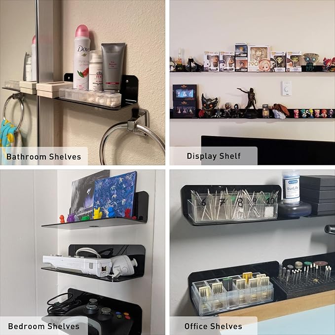 OAPRIRE Black Acrylic Floating Shelves Set of 2 - Damage Free Expand Wall Space - 12 Inch Wall Shelves with Strong Adhesive for Bathroom, Bedroom, etc-Ruum Studio Home