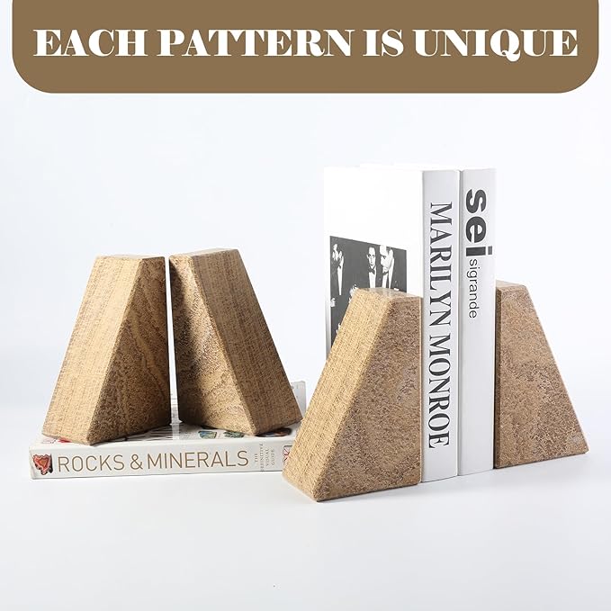Marble Bookends for Heavy Books, Decorative Book Ends for Shelves, Unique Marble Stone Durable and Heavy Book Ends for Hardback Books & CDS, Book Stopper/Holder, Set of 2(Moca Jade)-Ruum Studio Home