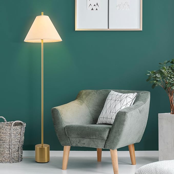 GLOBE Electric 61000060 60" Floor Lamp, Matte Brass Finish, Beige Linen Shade, Heavy Weighted Base, Rotary Switch on Shade, Modern Standing Light for Living Room, Home Office Accessories-Ruum Studio Home