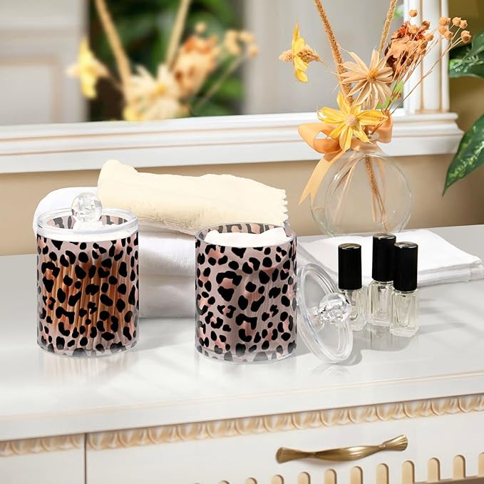 2 Pack Qtip Holder Dispenser Rose Gold Black Leopard Bathroom Storage Canister Lid Acrylic Plastic Apothecary Jar Set Vanity Makeup Organizer for Cotton Swab/Ball/Round Pads, Floss-Ruum Studio Home
