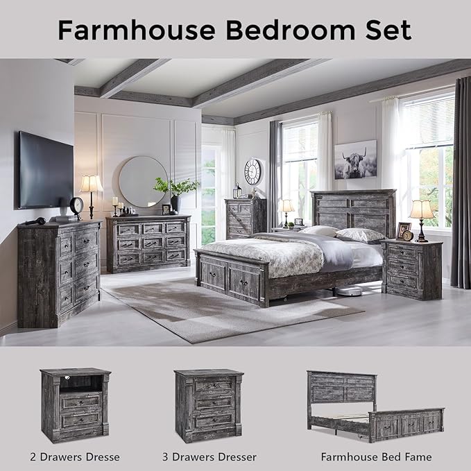 26" Tall Farmhouse Nightstand Set of 2, 3 Drawers End Table w/Charging Station, 23.6" Wide Large Side Table w/Roman Column, Wood Rustic Sofa Table for Bedroom, Light Gray-Ruum Studio Home