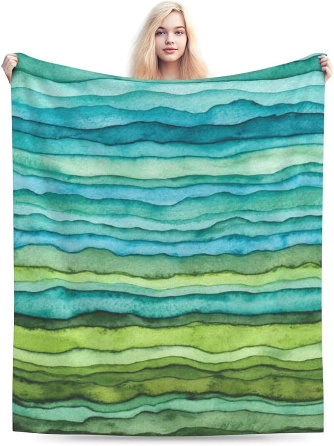HGOD DESIGNS Watercolor Stripped Waves Blanket for Women, Lightweight Soft Fleece Flannel Throw Blanket Blue and Green Sofa Couch Living Room 40x50 Inch-Ruum Studio Home