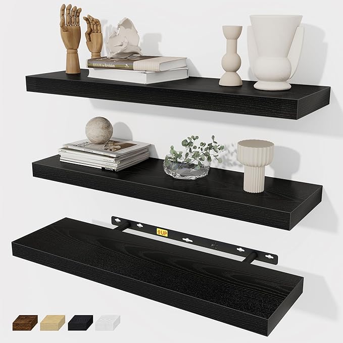 Fun Memories Black Floating Shelves Wall Shelf 24 Inch Long, Rustic Bathroom Shelves, Wall Mounted Wood Floating Shelf for Kitchen, Living Room, Bedroom, 24 x 6.7 x 1.4 inch Set of 3-Ruum Studio Home