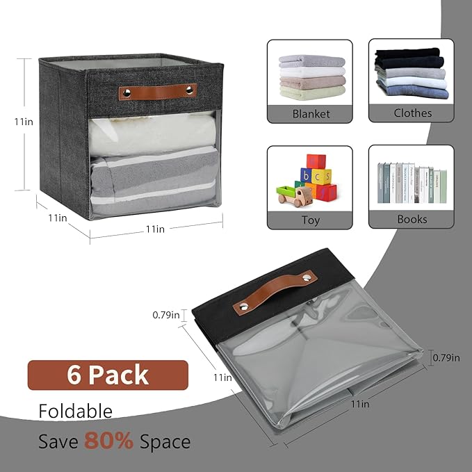 HNZIGE Fabric Cube Storage Bins 11 x 11, Collapsible Storage Cubes Bins for Storage Shelves,Foldable Cube Storage Bins for Storage, Cubby Closet Clear Bins for Storage Blanket(Prints Black 6PCS)-Ruum Studio Home