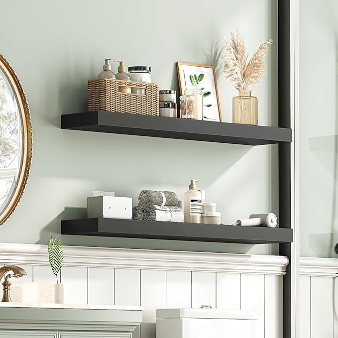 HOOBRO Floating Shelves for Wall, Wall Mounted Shelf Set of 2, 31.5" Hanging Shelf with Invisible Brackets, for Wall in Bathroom, Bedroom, Toilet, Kitchen, Living Room, Office, Black BK80BJP201-Ruum Studio Home