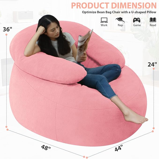 HABUTWAY Bean Bag Chair with U-Shaped Pillow for Adult and Kids Big BeanBag Chair with Filling Ultra Soft Teddy Fleece Couch Chair with Washable Cover for Living Room Bedroom, Light Pink & Light Pink-Ruum Studio Home