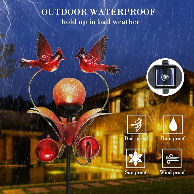 VCUTEKA Cardinal Solar Lights Outdoor Metal Garden Stake Waterproof Crackle Glass Globe Garden Decor Cardinal for Pathway, Lawn, Patio, Yard-Ruum Studio Home