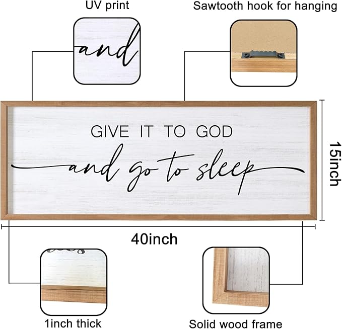 Give It to God and Go to Sleep Decorative Rustic Sign & Plaque Framed Wall Art for Couples, 40''×15'' Vintage Cottagecore Wooden Horizontal Wall Decor Above Bed, Farmhouse Wedding Gift for Bedroom-Ruum Studio Home
