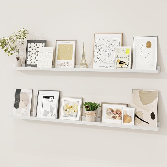 Picture Ledge Shelf, Solid Pine Wood Floating Shelves Set of 2, 48 Inches Nursery Book Shelves for Toys Storage, Kids Bookshelf Wall Mounted for Living Room Bedroom Decor Books Photo Frames, White-Ruum Studio Home