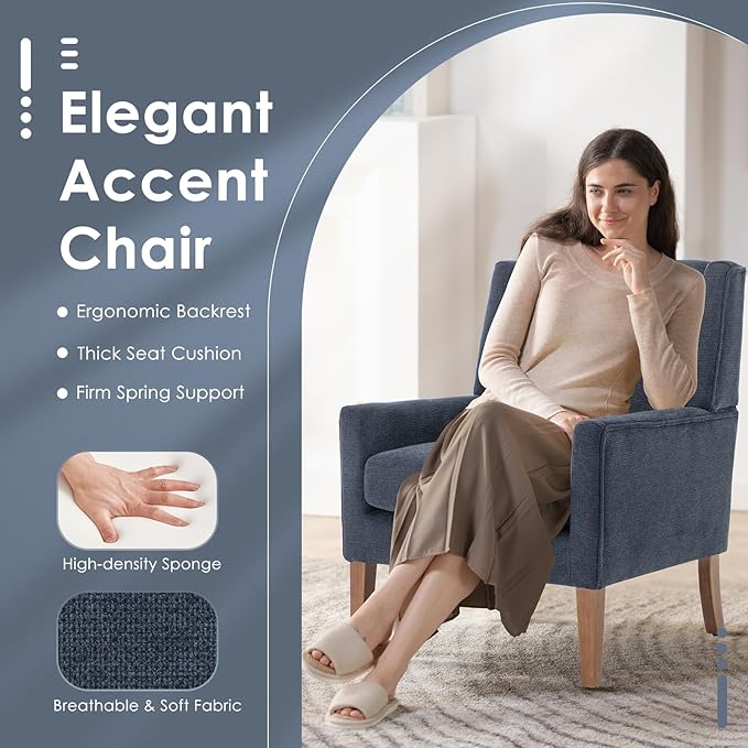 COLAMY Modern Wingback Living Room Chair Set of 2, Upholstered Fabric Accent Armchair, Single Sofa Chair with Lounge Seat and Wood Legs for Bedroom/Office/Reading Spaces, Blue-Ruum Studio Home